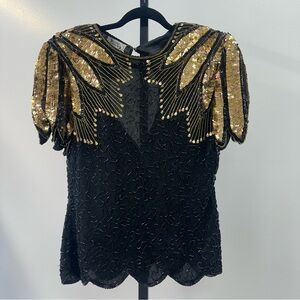 Vintage Black & Gold Beaded Silk Top – Size 6